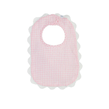Pink and white gingham Scallop Trim Bib with rounded neckline, white scallop edge. Available in sizes S, M, L.