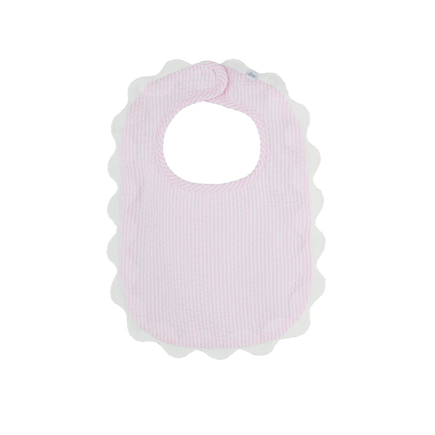 Scallop Trim Bib with pink and white seersucker stripes, scalloped white edge, rounded neckline. Available in one size.