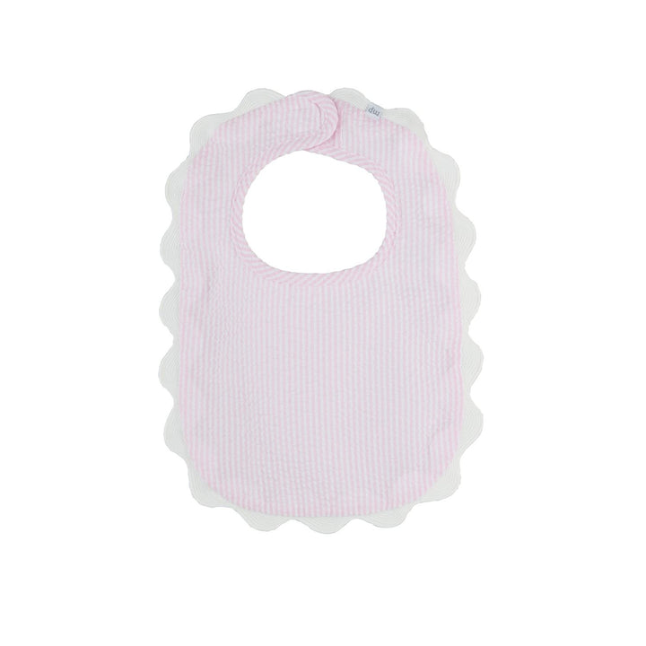 Scallop Trim Bib with pink and white seersucker stripes, scalloped white edge, rounded neckline. Available in one size.
