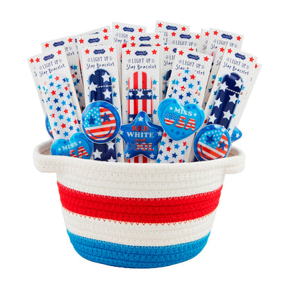 Patriotic Light-Up Slap Bracelets with LED lights, American flag pins, "RED WHITE," "MISS." Available in one size.