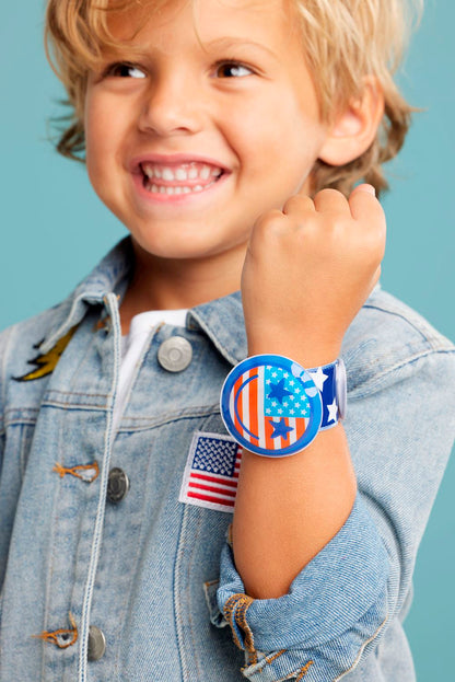 Patriotic Light-Up Slap Bracelet with stars, stripes, glowing LEDs. Available in kids' and adult sizes.