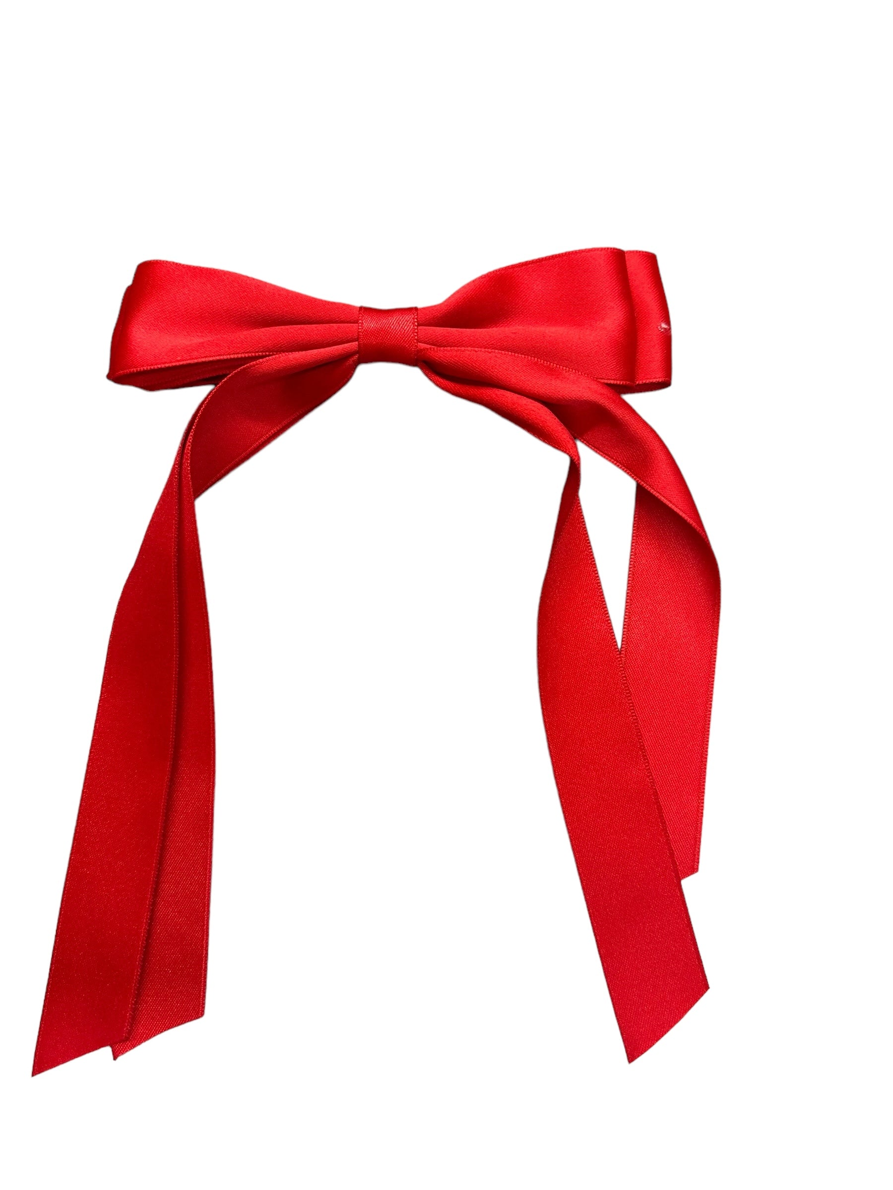 Red Satin Hair Bows Hair Clip with long tails, made from fine satin silk. Features smooth, glossy fabric and crisp edges for a polished look. Perfect as a gift. Available sizes: Small, Medium, Large.