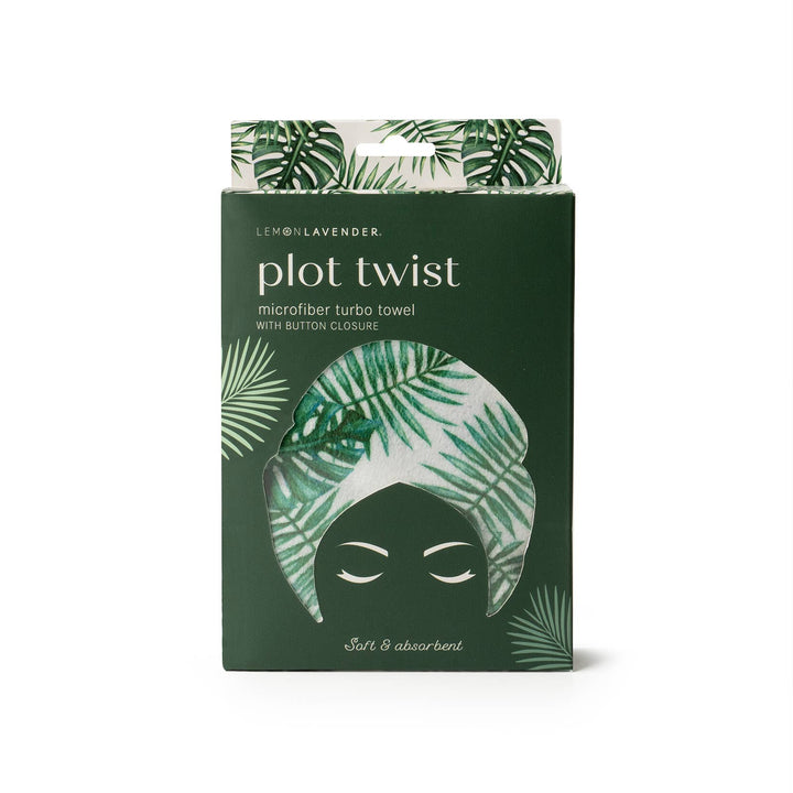 Dark green box of Lemon Lavender Plot Twist Turbo Towel for hands-free hair drying. Sizes available: standard and large.