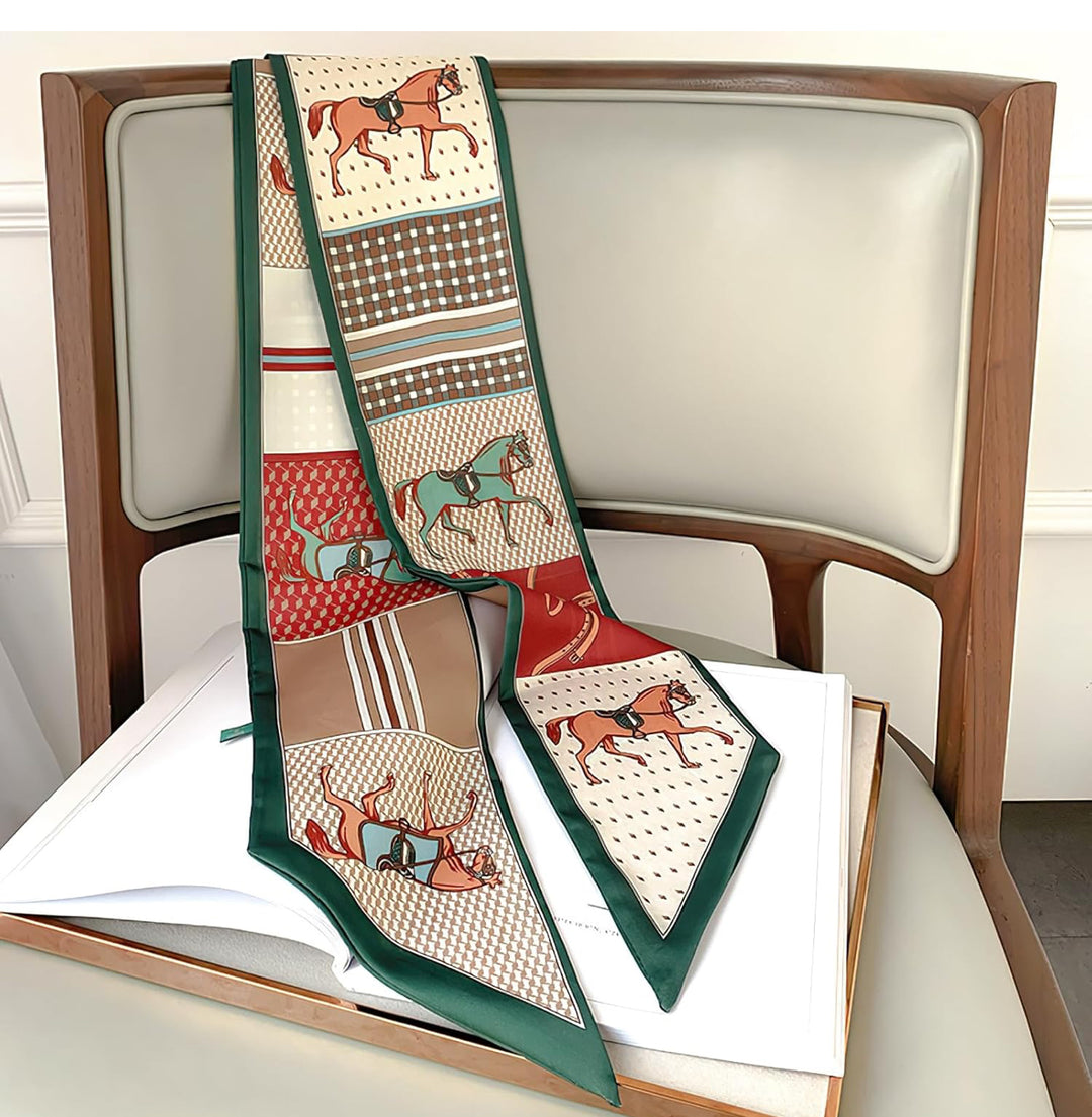 Silk-feeling satin scarves with horse patterns and green edges. Available sizes: 27"x27", 35"x35".