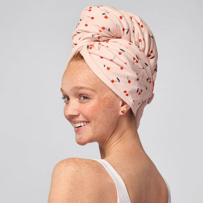 XL Hair Towel Wrap in Cherry Print for quick drying; available in XL size.