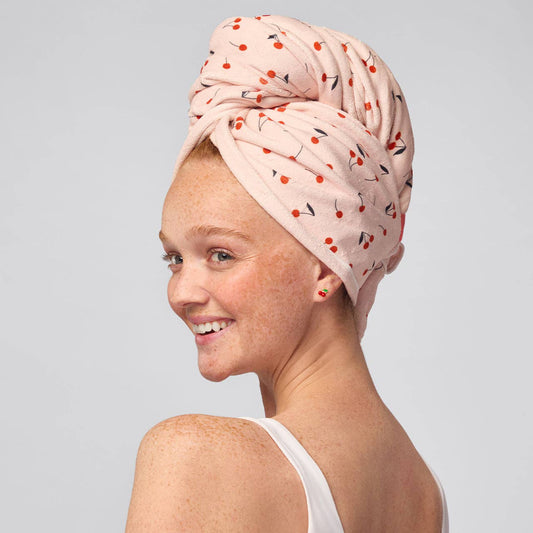 XL Hair Towel Wrap in Cherry Print for quick drying; available in XL size.