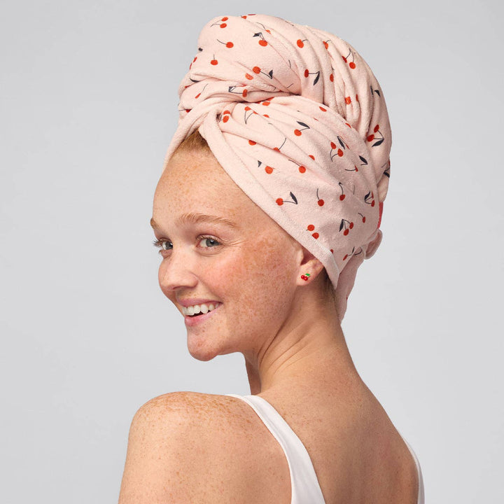 XL Hair Towel Wrap in Cherry Print for quick drying; available in XL size.