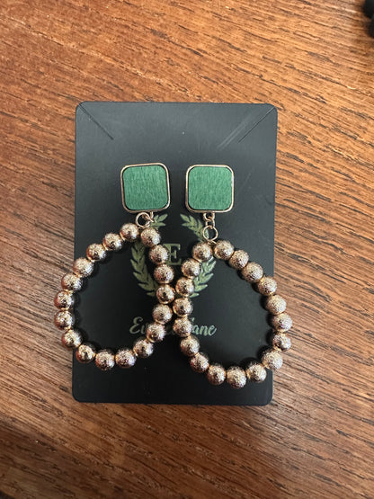 Green square stud Tear Drop Satin Earrings with large metallic bead loops. Available in small, medium, and large sizes.