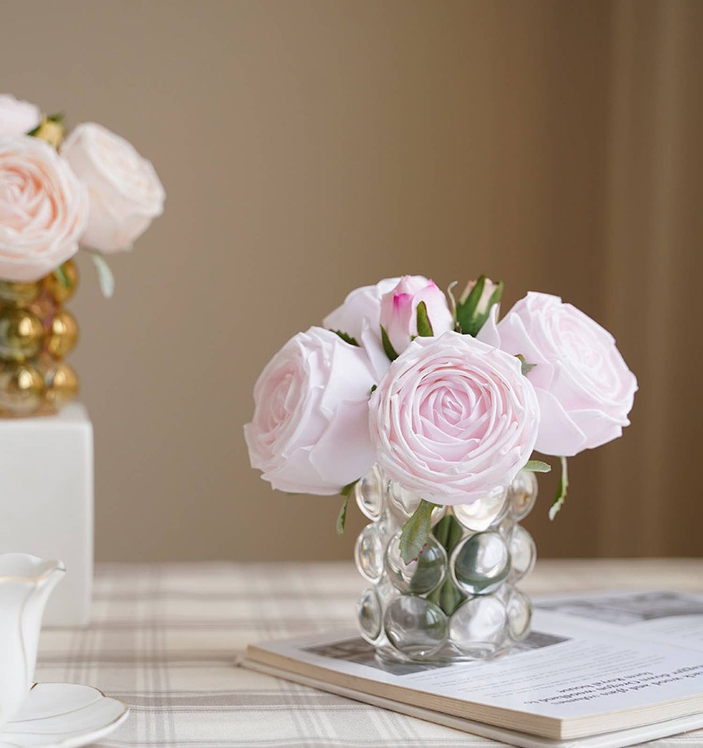 Small glass vase with circular designs holds a 6-stem Real Touch light pink rose bouquet. Sizes available: N/A