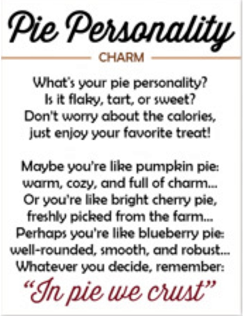 Pie Personality Charm card featuring pumpkin, cherry, and blueberry personality designs with the phrase “In pie we crust.” Available in multiple sizes.