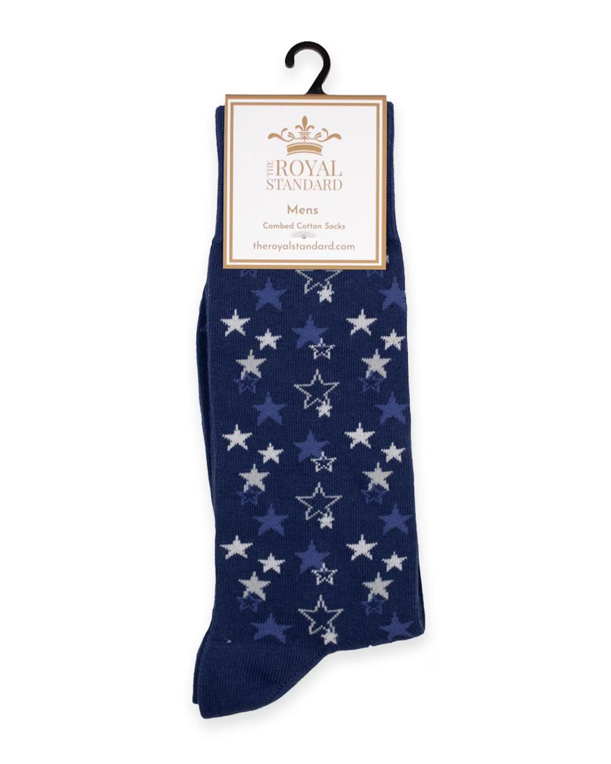 Men’s blue socks with white and light blue stars and stripes, “The Royal Standard” label. Sizes available: M, L, XL.