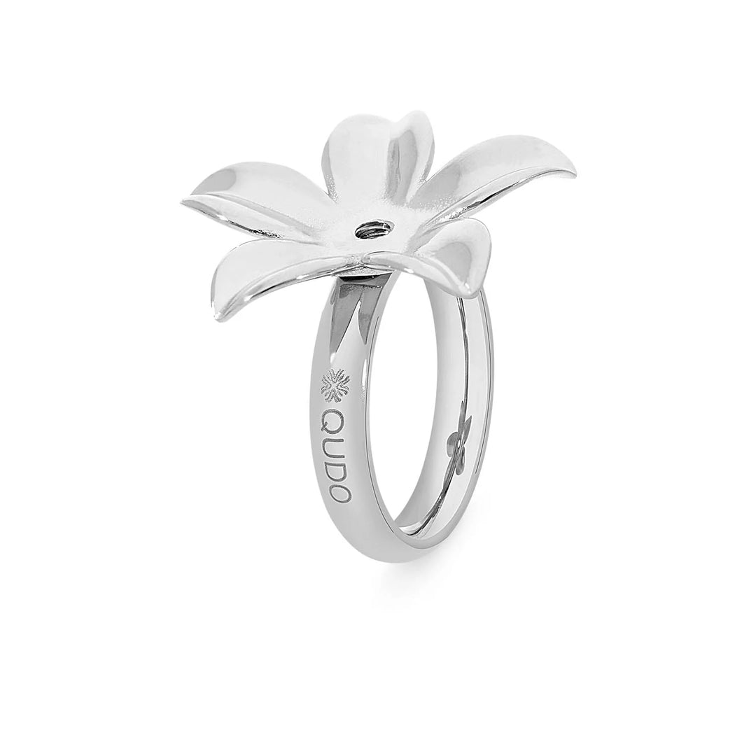 Silver handmade ring with bold flower top, "QUDO" and sun engraving. Available in sizes 50-60.