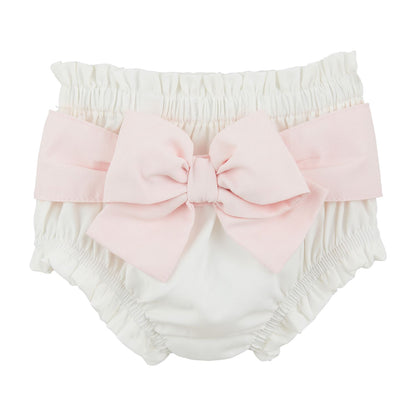 Cotton Poplin Diaper Covers: White with ruched waistband and leg openings, featuring a large contrasting pink bow on the back. Available in sizes: Newborn, 3M, 6M, and 12M.