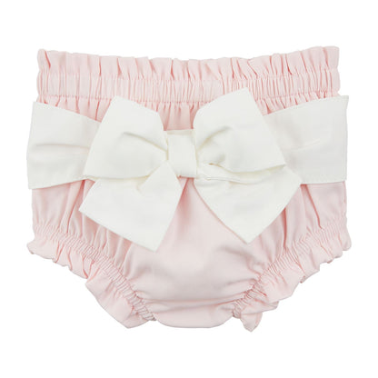 Cotton Poplin Diaper Covers feature an elastic waist and leg openings in soft pink cotton poplin with a contrast white bow on the back. Available sizes: 0-3M, 3-6M, 6-12M, 12-18M.