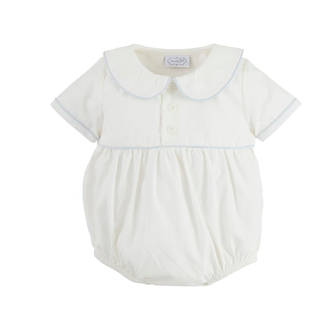 Short-sleeve baby romper with Peter Pan collar, three buttons, elastic legs, blue piping. Available sizes: NB-24M.