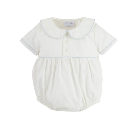 Short-sleeve baby romper with Peter Pan collar, three buttons, elastic legs, blue piping. Available sizes: NB-24M.