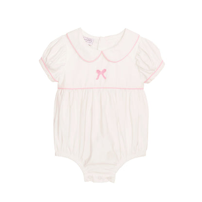 White poplin bubble with pink gingham trim, Peter Pan collar, bow embroidery, puff sleeves, snaps. Sizes: NB-24M.
