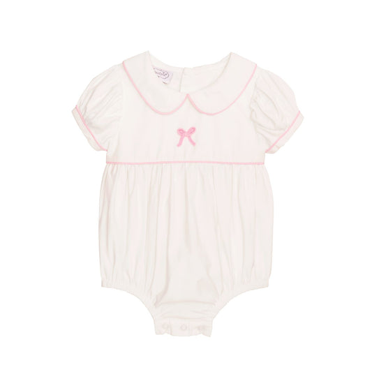 White poplin bubble with pink gingham trim, Peter Pan collar, bow embroidery, puff sleeves, snaps. Sizes: NB-24M.