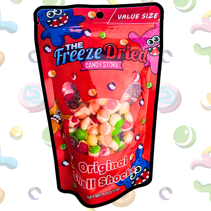 4 oz (113 g) bag of colorful, round freeze dried candy labeled "Freeze Dried Shell Shocks: Sour Wild Berry.