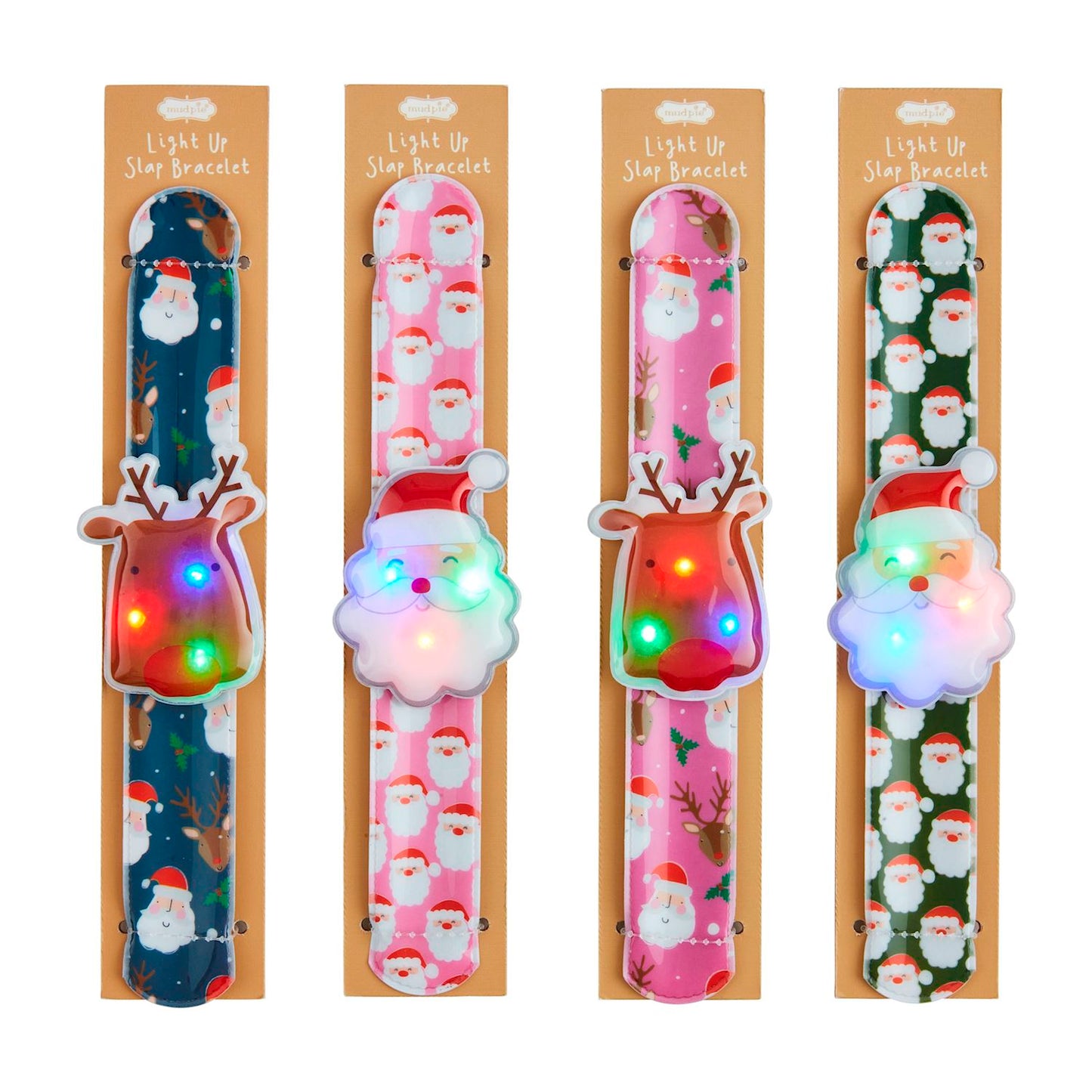 **Christmas Light-Up Slap Bracelets:**
- 4 festive designs
- Reindeer with lights (blue band)
- Santa face (pink band)
- Reindeer with lights (pink band)
- Santa face with lights (white band)
  
**Sizes Available:** One size fits most