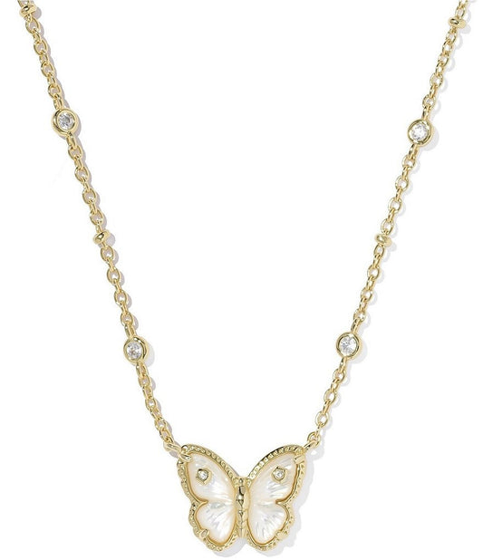 Gold chain necklace with round cubic zirconia and iridescent ivory butterfly pendant. Available in 16" or 18" lengths.