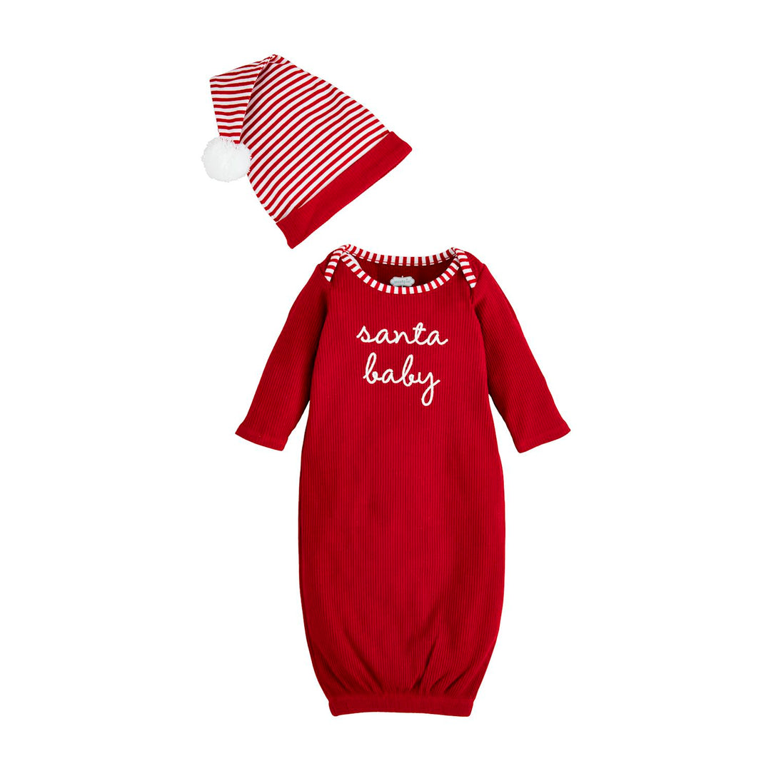 Santa Baby Take Me Home Set: red ribbed long-sleeve gown with “santa baby” text and matching red-and-white striped pom-pom hat.