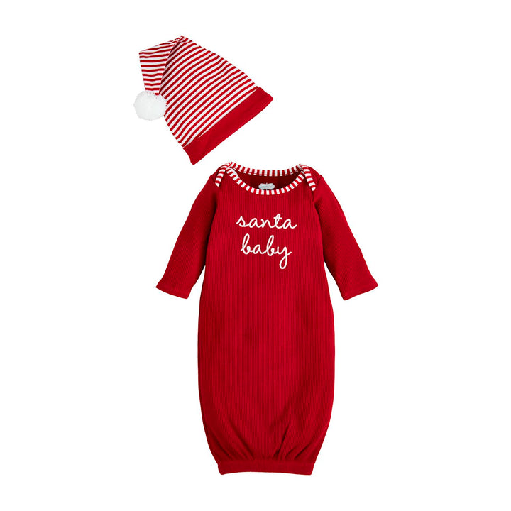 Santa Baby Take Me Home Set: red ribbed long-sleeve gown with “santa baby” text and matching red-and-white striped pom-pom hat.