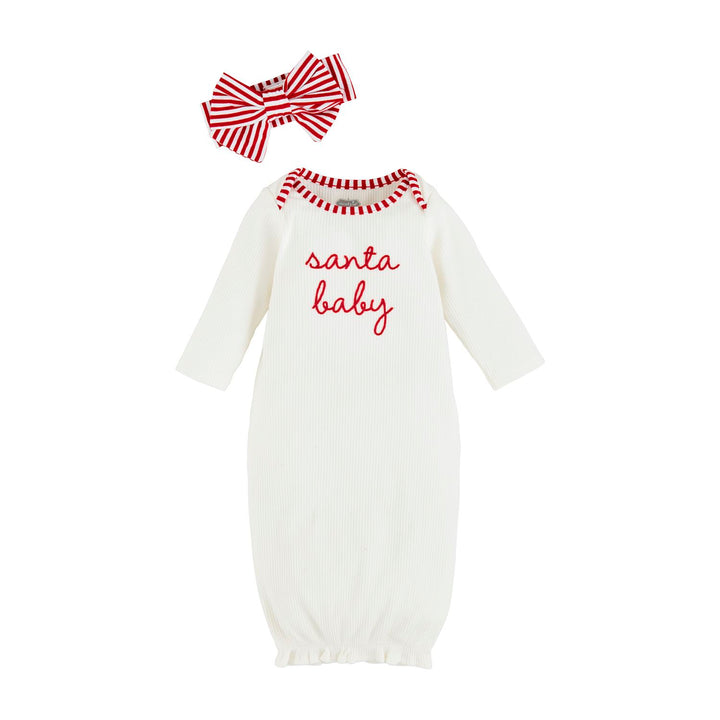 Santa Baby Take Me Home Set: white ribbed cotton newborn outfit with red “santa baby” embroidery, red-and-white striped trim, and matching bow headband. Sizes: newborn.