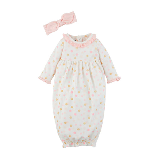 The Dot Take-Me-Home Set: Baby gown with pastel polka dots, ruffle details, gathered elastic bottom, and long sleeves. Matching pink headband with bow. Sizes: Newborn.