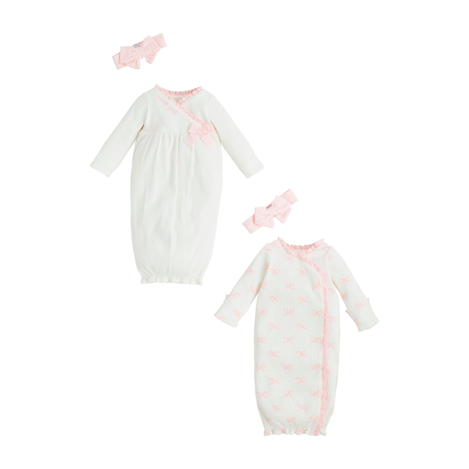 The Bow Take-Me-Home Gown Set includes two cotton rib sleep gowns and matching pink bow headbands. Sizes available: Newborn.