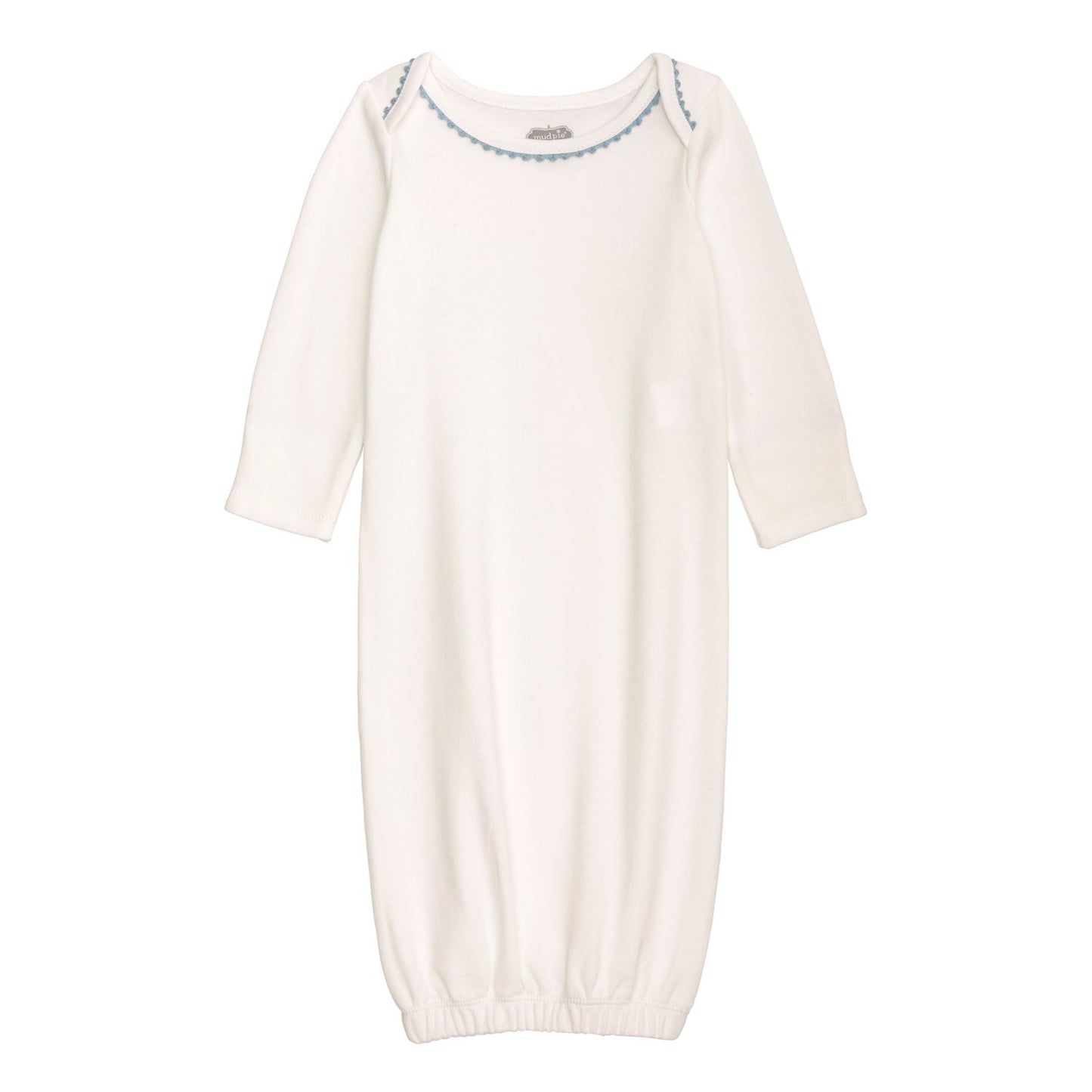 White newborn sleep gown with blue crochet trim, long sleeves, elastic wrists/hem. Available in NB-3M size.