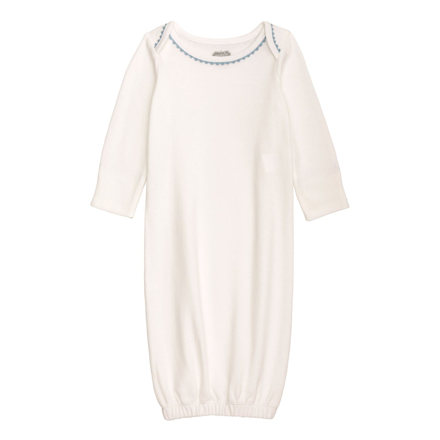 White newborn sleep gown with blue crochet trim, long sleeves, elastic wrists/hem. Available in NB-3M size.