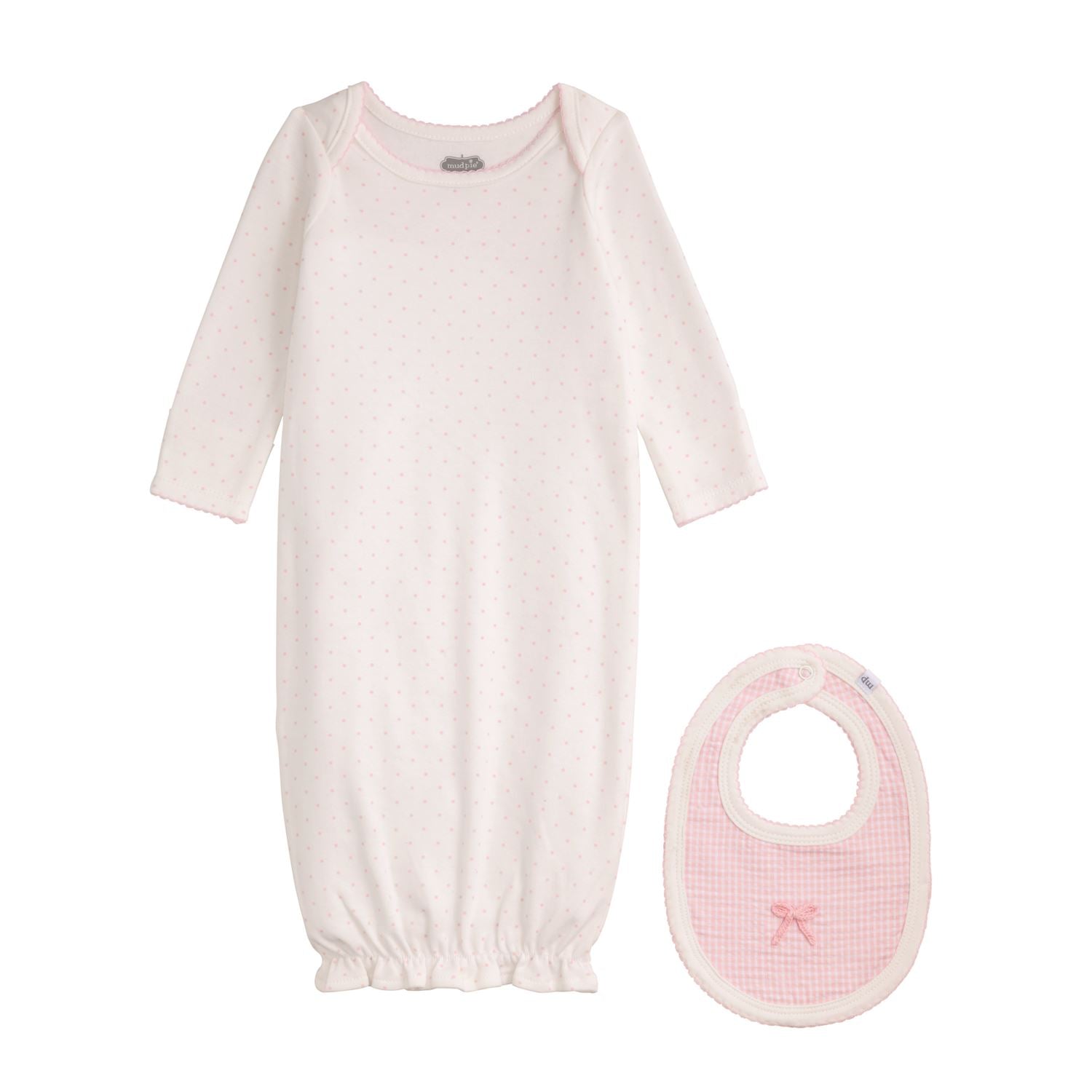 White newborn gown with pink polka dots, ruffled bottom, and matching gingham bib. Sizes: newborn only.