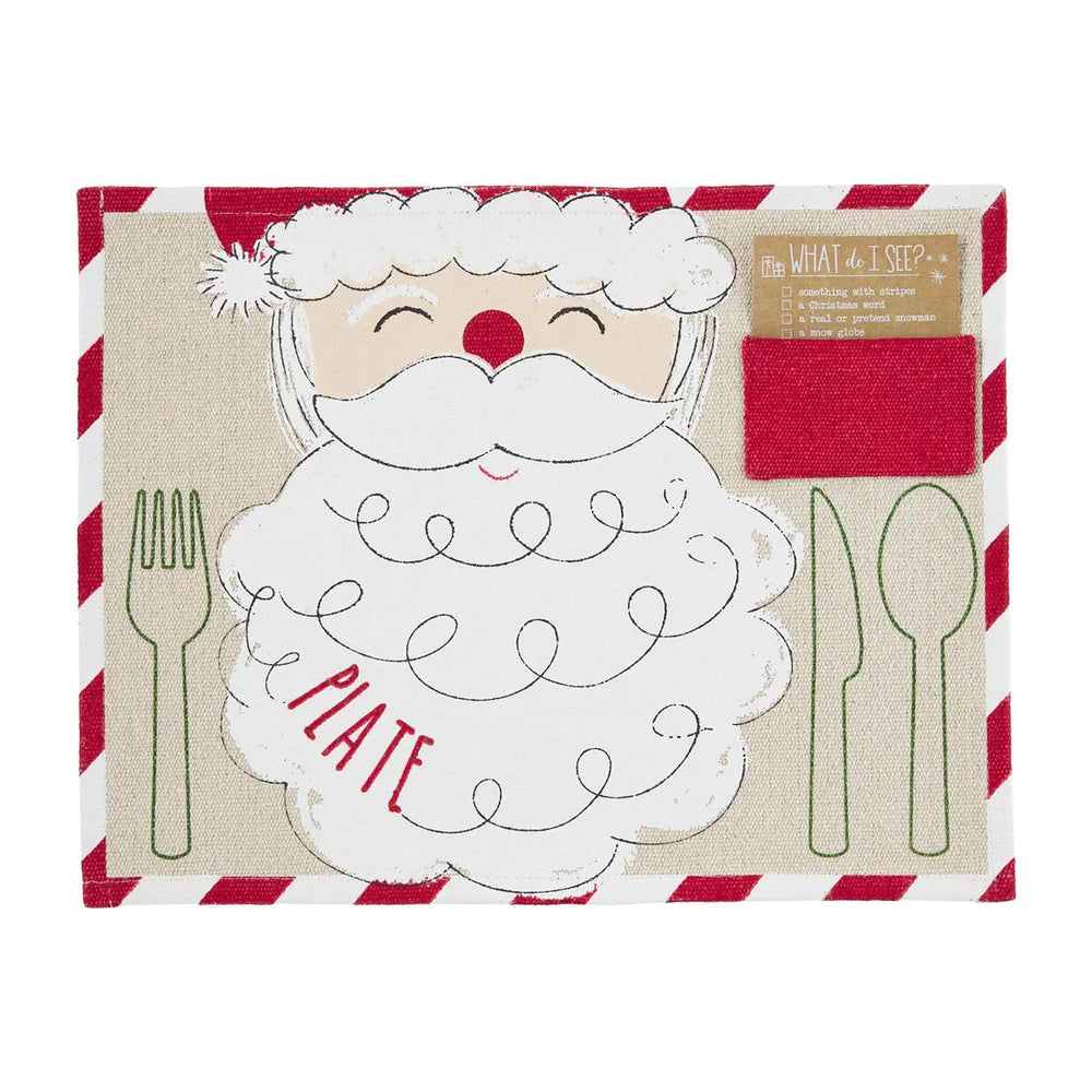 Rectangular Santa place mat with a “PLATE” label, utensil outlines, and an I-spy holiday activity checklist card.