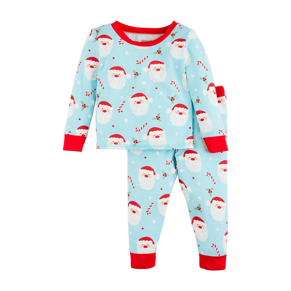 Santa Glow Pajama Set in light blue bamboo with Santa faces, candy canes, and holly, featuring red trim. Available in sizes 0-3M to 14Y.