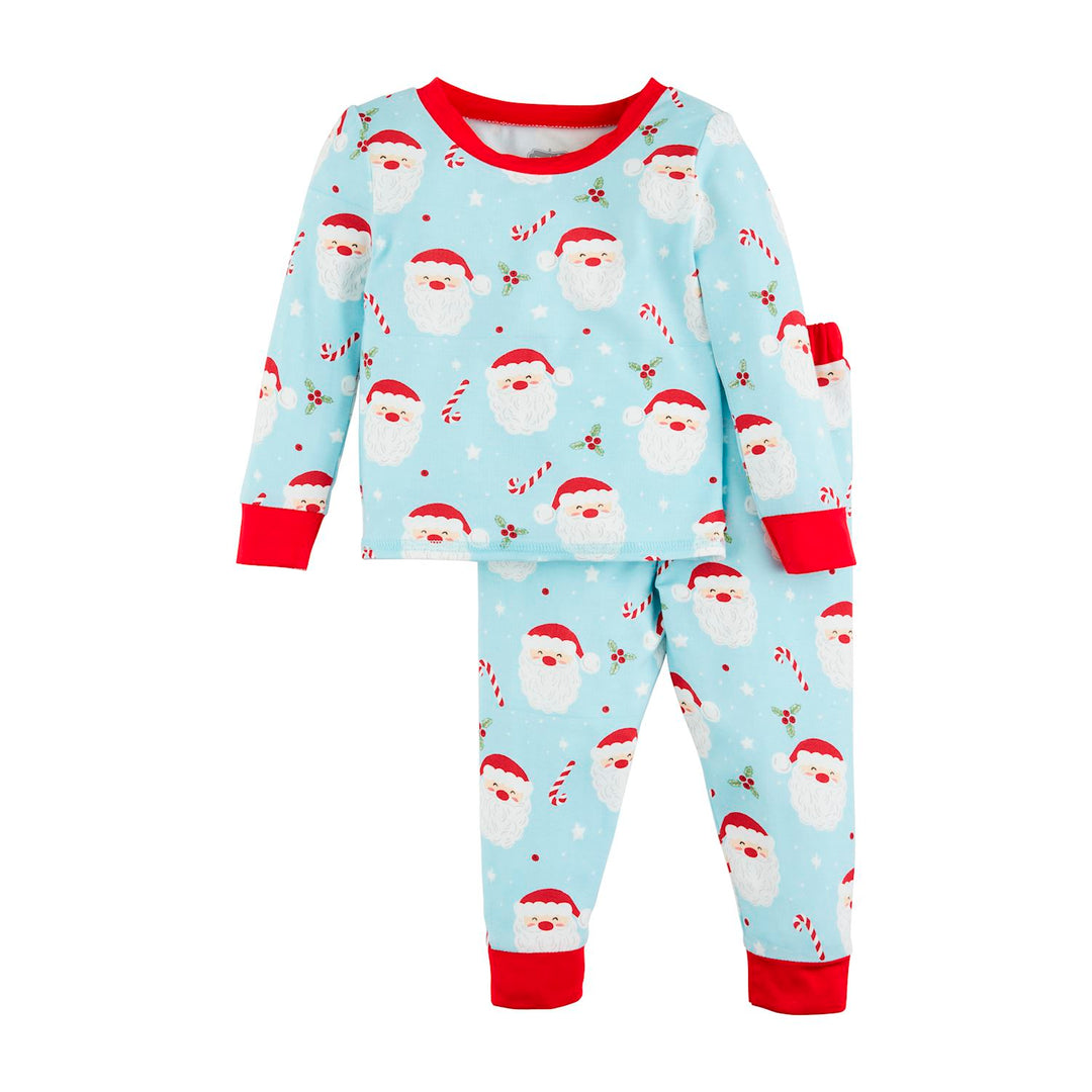 Santa Glow Pajama Set in light blue bamboo with Santa faces, candy canes, and holly, featuring red trim. Available in sizes 0-3M to 14Y.