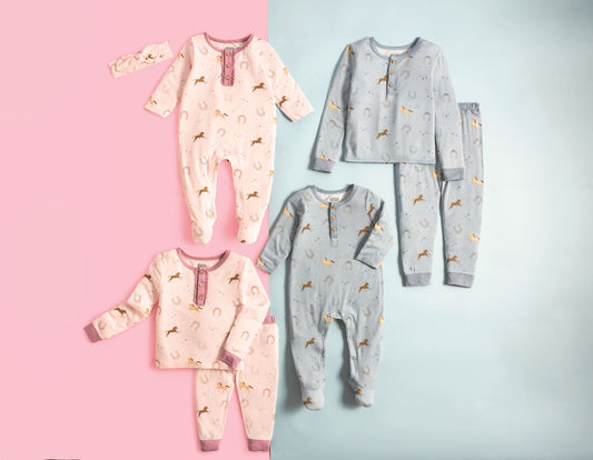 Soft bamboo Horseshoe Pajama Set for babies/toddlers; 4 sets in pink/blue, 3 styles each. Sizes: NB-5T.