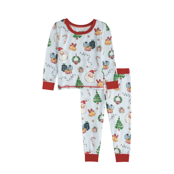 Little Kids long-sleeve bamboo Christmas print pajamas with Santa, trees, presents, and bells on light blue with red trim.