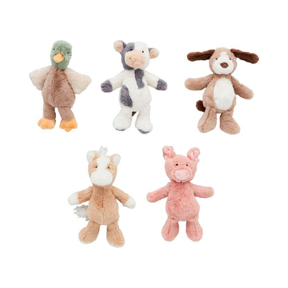 The Farm Plush Rattle Pals: Five plush animal toys (duck, cow, dog, horse, pig) with soft faux fur. Sizes: Not specified.