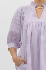 Flowing Lavender Midi Dress: light purple/white stripes, textured, button-up, 3/4 sleeves, keyhole neckline. Sizes XS-XL.