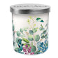 The Eucalyptus & Mint Candle Jar is a cylindrical soy blend candle with a silver lid and white base. The container features a botanical design with green, blue, and purple leaves and flowers. Available sizes: 8 oz, 14 oz.