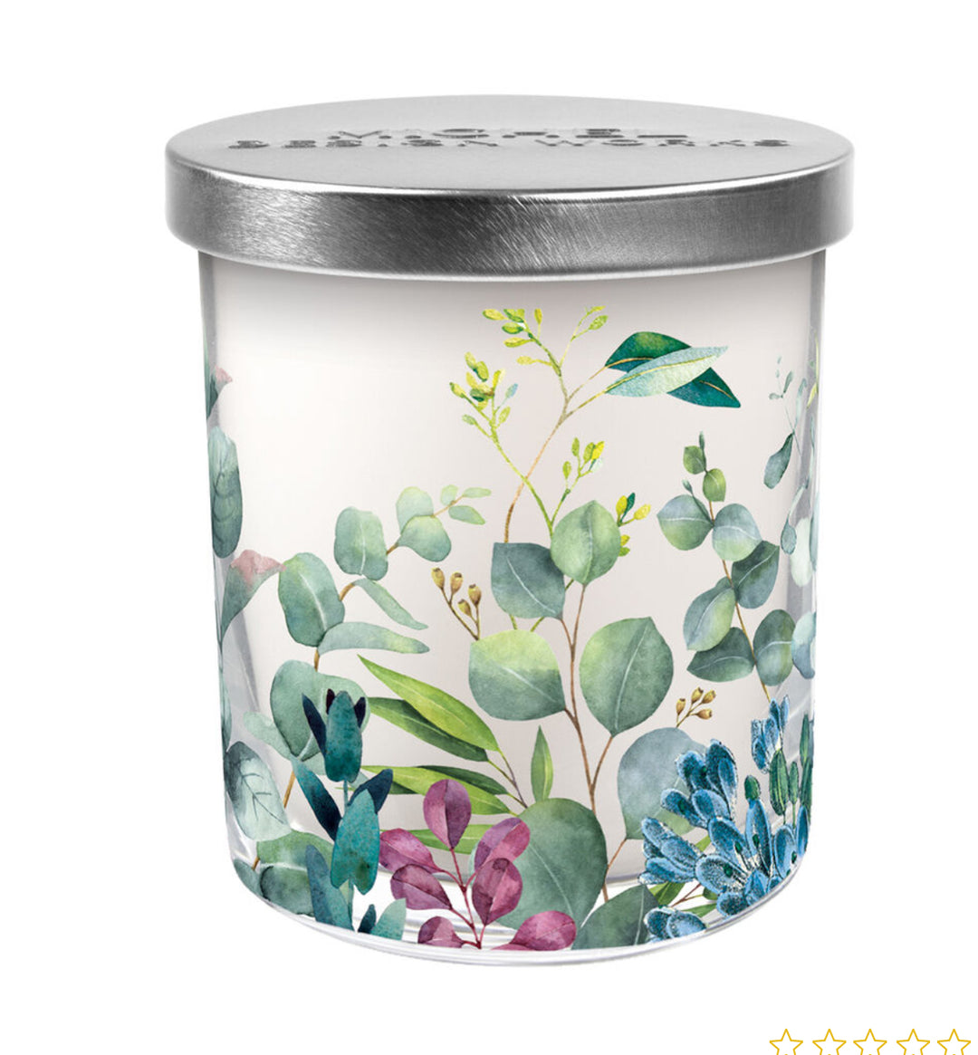 The Eucalyptus &amp; Mint Candle Jar is a cylindrical soy blend candle with a silver lid and white base. The container features a botanical design with green, blue, and purple leaves and flowers. Available sizes: 8 oz, 14 oz.