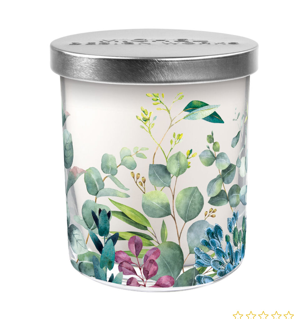 The Eucalyptus & Mint Candle Jar is a cylindrical soy blend candle with a silver lid and white base. The container features a botanical design with green, blue, and purple leaves and flowers. Available sizes: 8 oz, 14 oz.