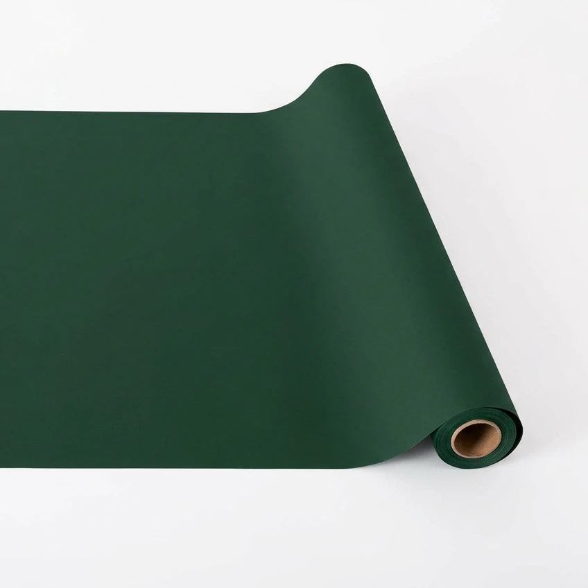 Forest green flocked table runner roll, textured finish.