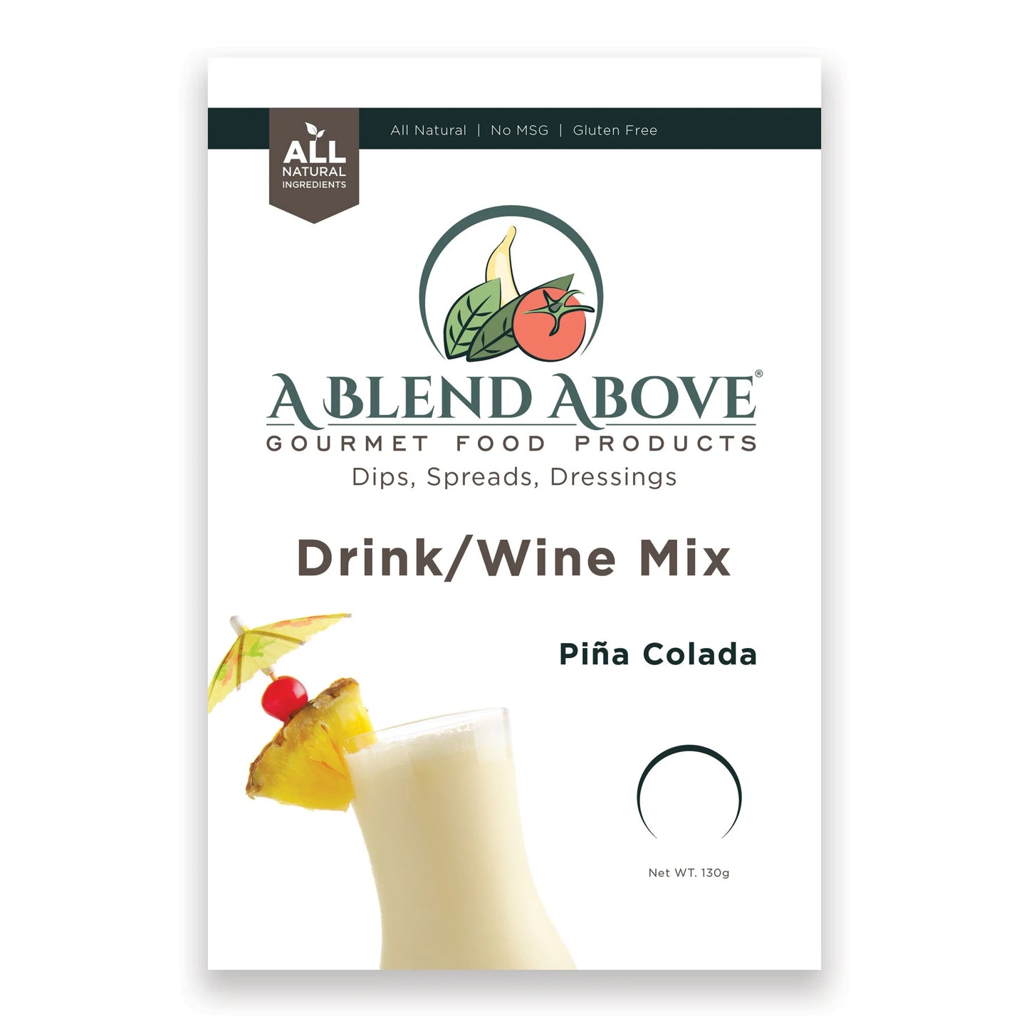 A Blend Above Piña Colada Drink/Wine Mix packet, all natural, no MSG, gluten free. Available sizes not specified.