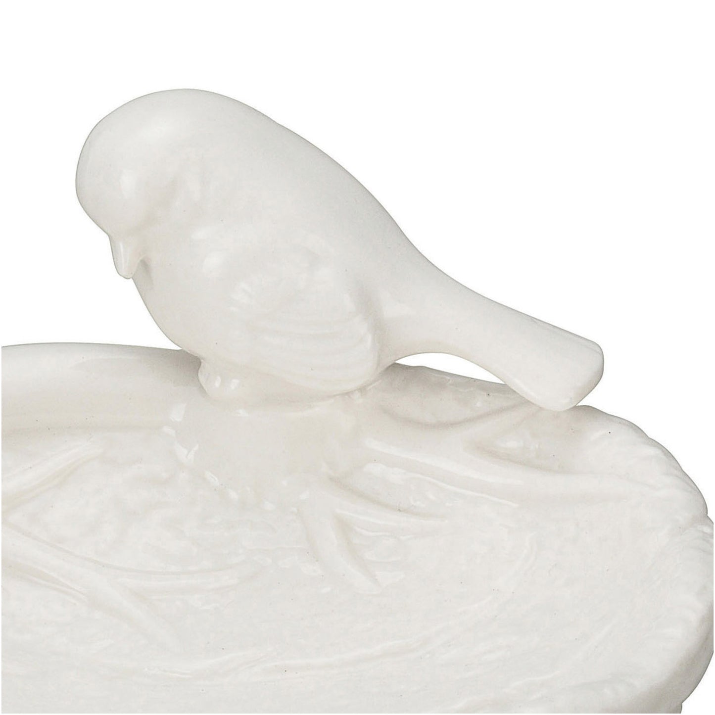 White ceramic leaf dish with sculpted birds on rim, delicate feather detail. Available in small and large sizes.