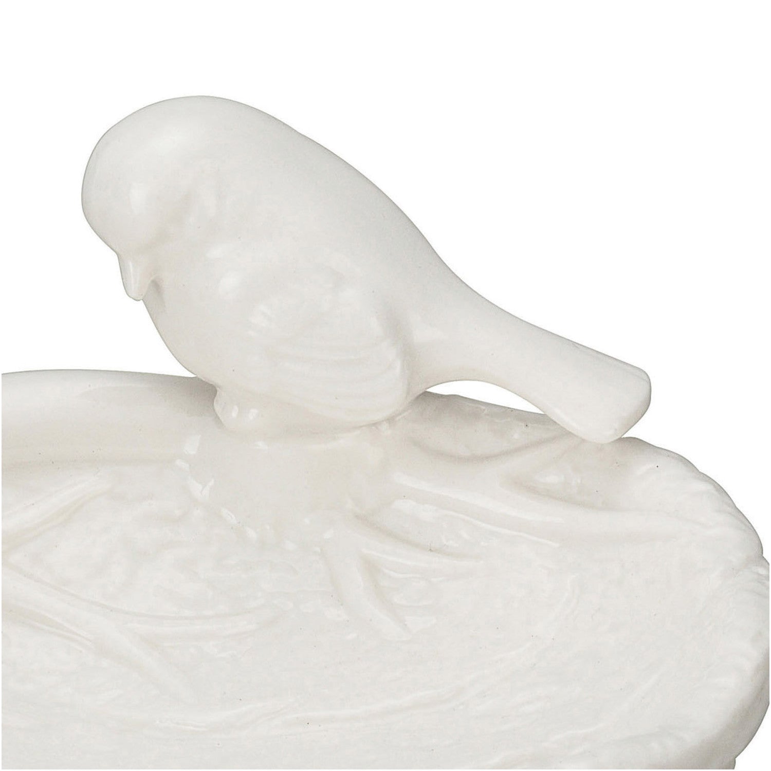 White ceramic leaf dish with sculpted birds on rim, delicate feather detail. Available in small and large sizes.