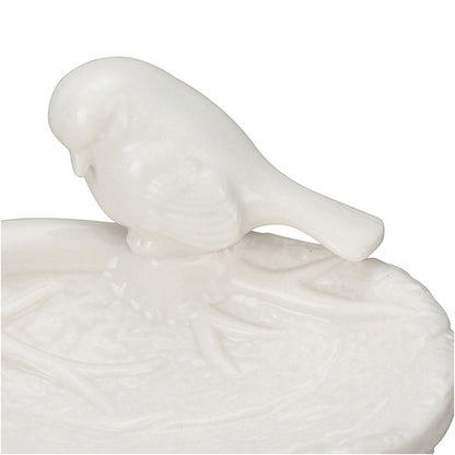 White ceramic leaf dish with sculpted birds on rim, delicate feather detail. Available in small and large sizes.