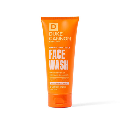 Orange tube of Energizing Face Wash with white and yellow text; available in 100ml and 200ml sizes.