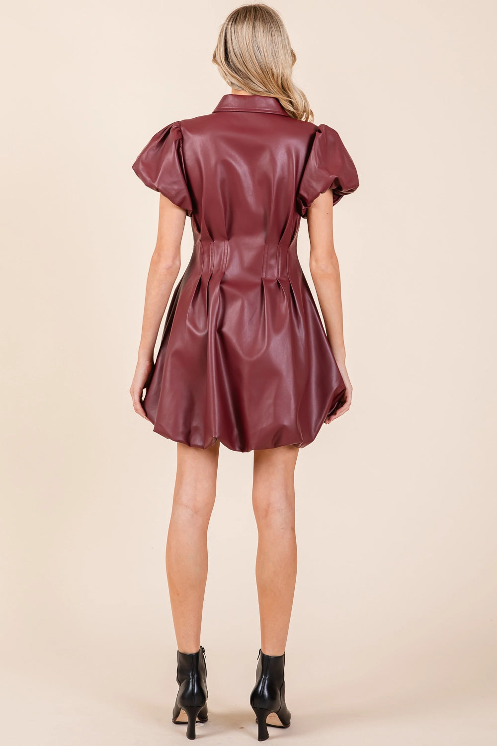 Short-sleeved maroon Faux Leather Puff Sleeve Shirt Mini Dress. Available in sizes XS, S, M, L, XL.